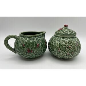 Bordallo Pinheiro Green Majolica Holly Berry Lidded Sugar & Creamer Portugal
